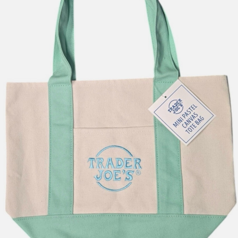 Trader Joe’s Limited Edition Easter Mini Pastel Canvas Tote Bag - Teal and Cream